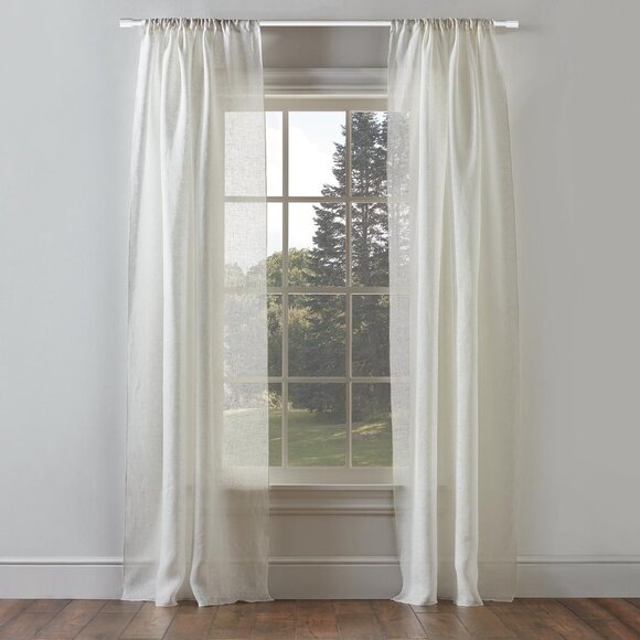 Ethan Allen Linen Drapery Panel Curtains Ivory Sheer Two 50" x 100" - Picture 1 of 3